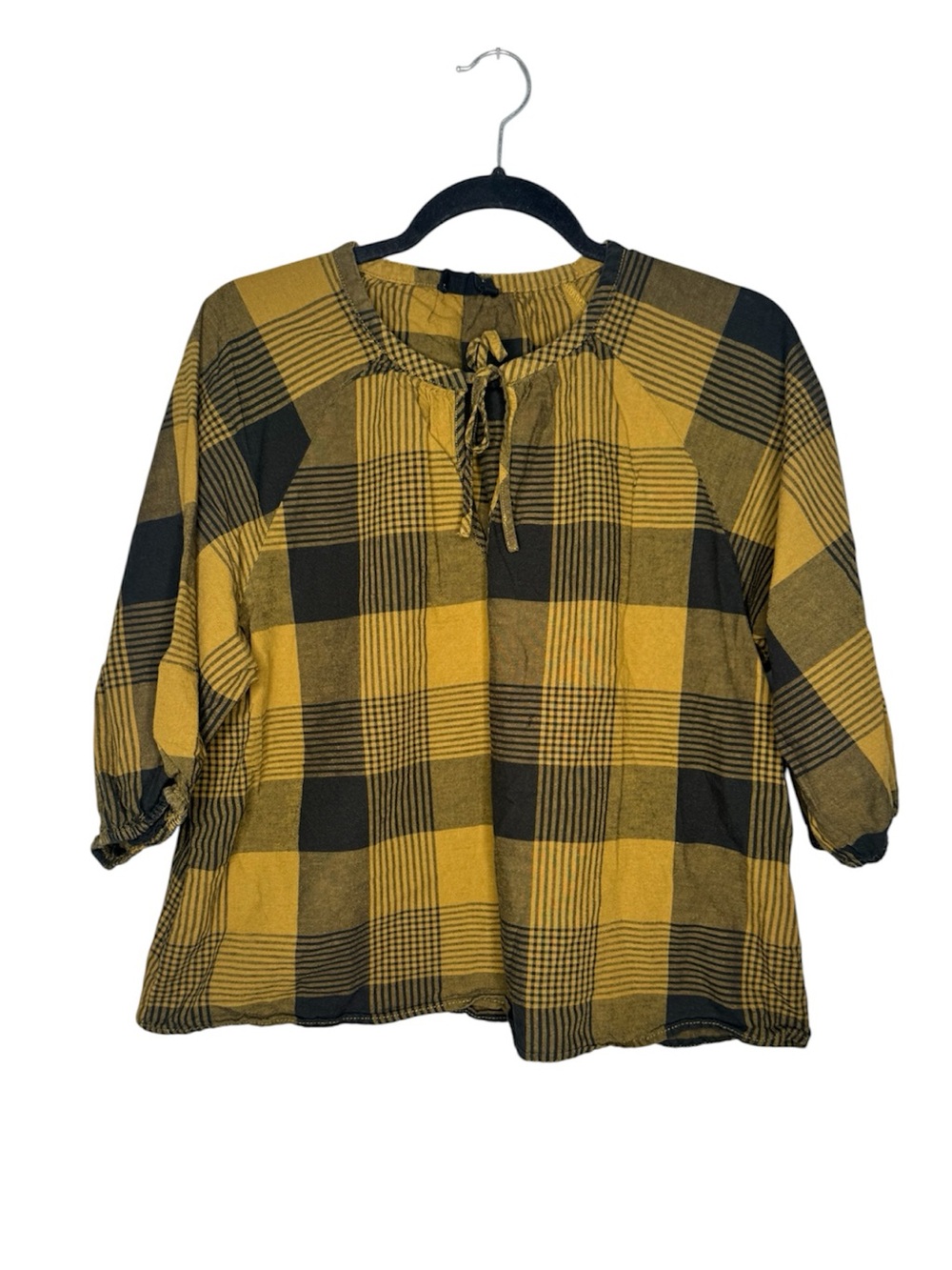 Monoprix womens S linen blend plaid flannel boxy top preppy academia grunge
